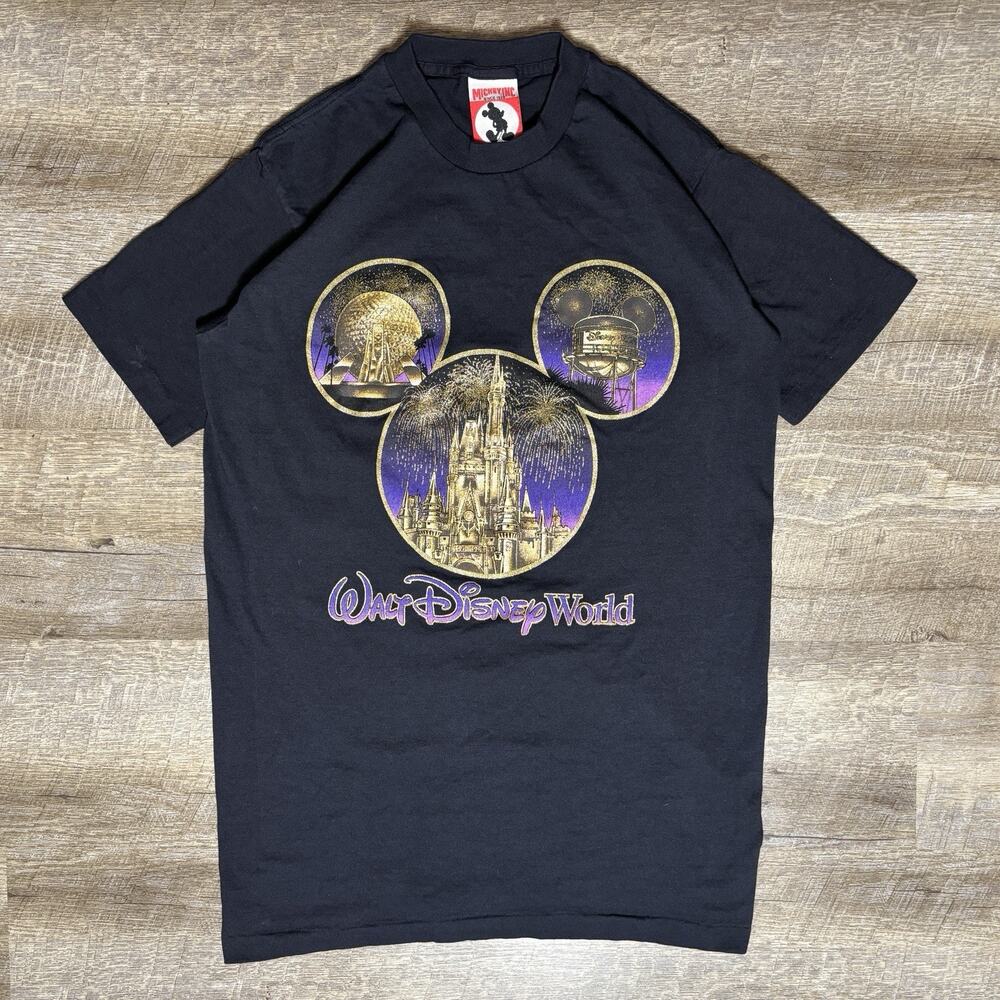 VTG Disney World Single Stitch Shirt Men's M Black Glitter fireworks 90's *READ*